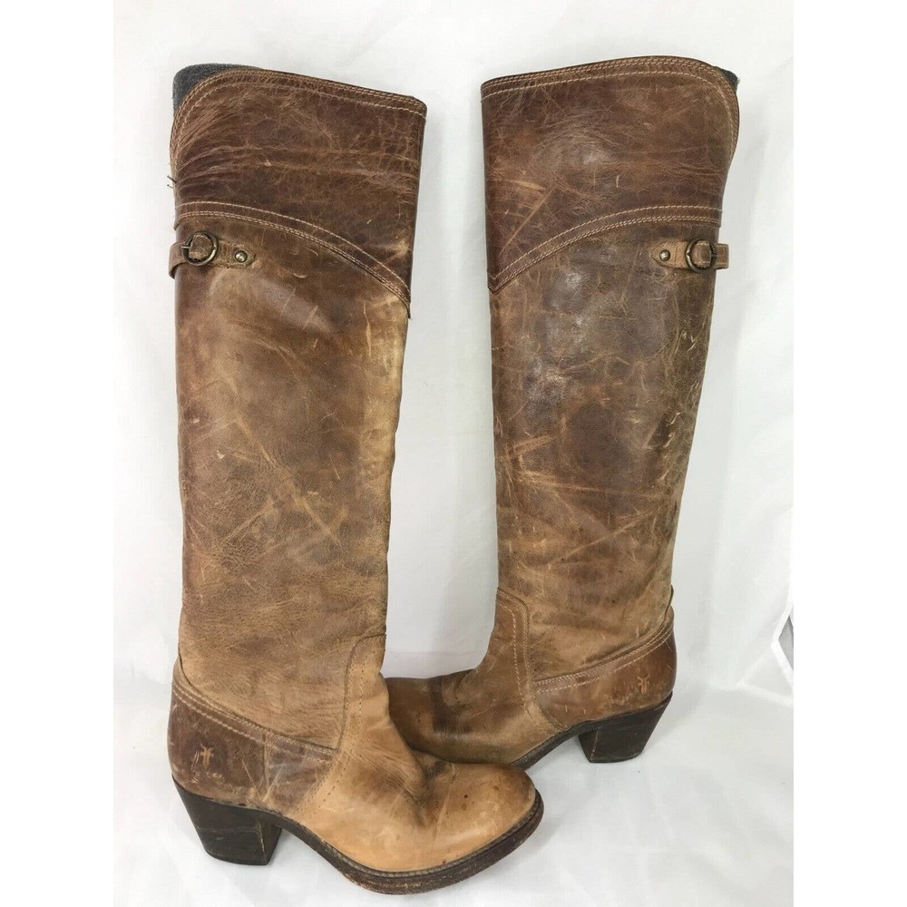 FRYE Jane Fold Over Knee Pull On Leather Stacked Heel distressed